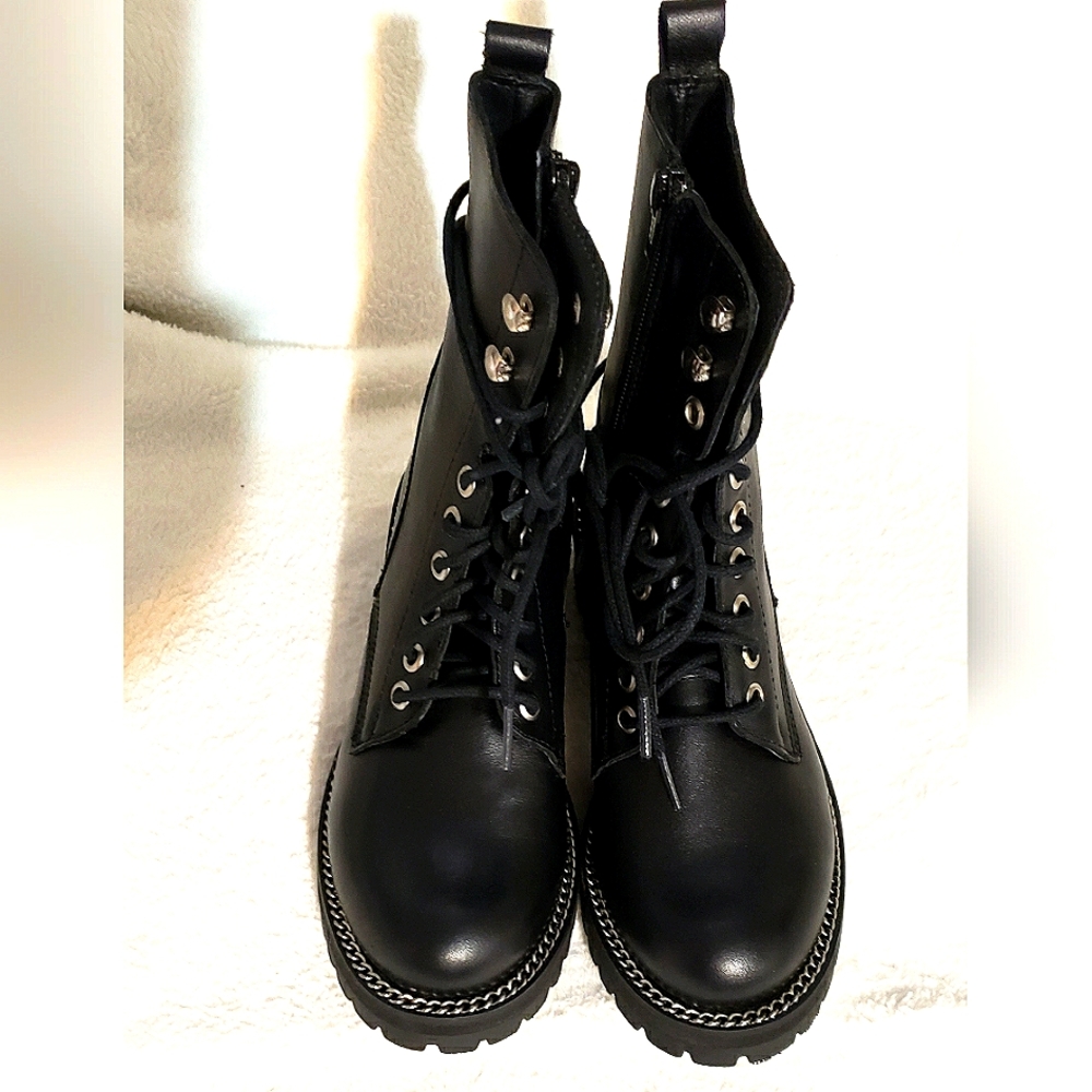 Aqua Black Lace-Up Combat Booties with Chain Trim
